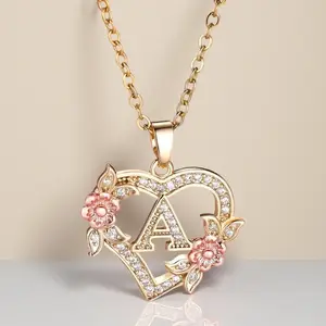 A-Z Letter Love Heart Necklace Elegant zirconia Rose Golden Necklace Valentine'S Day Gift Trendy Jewelry For Women