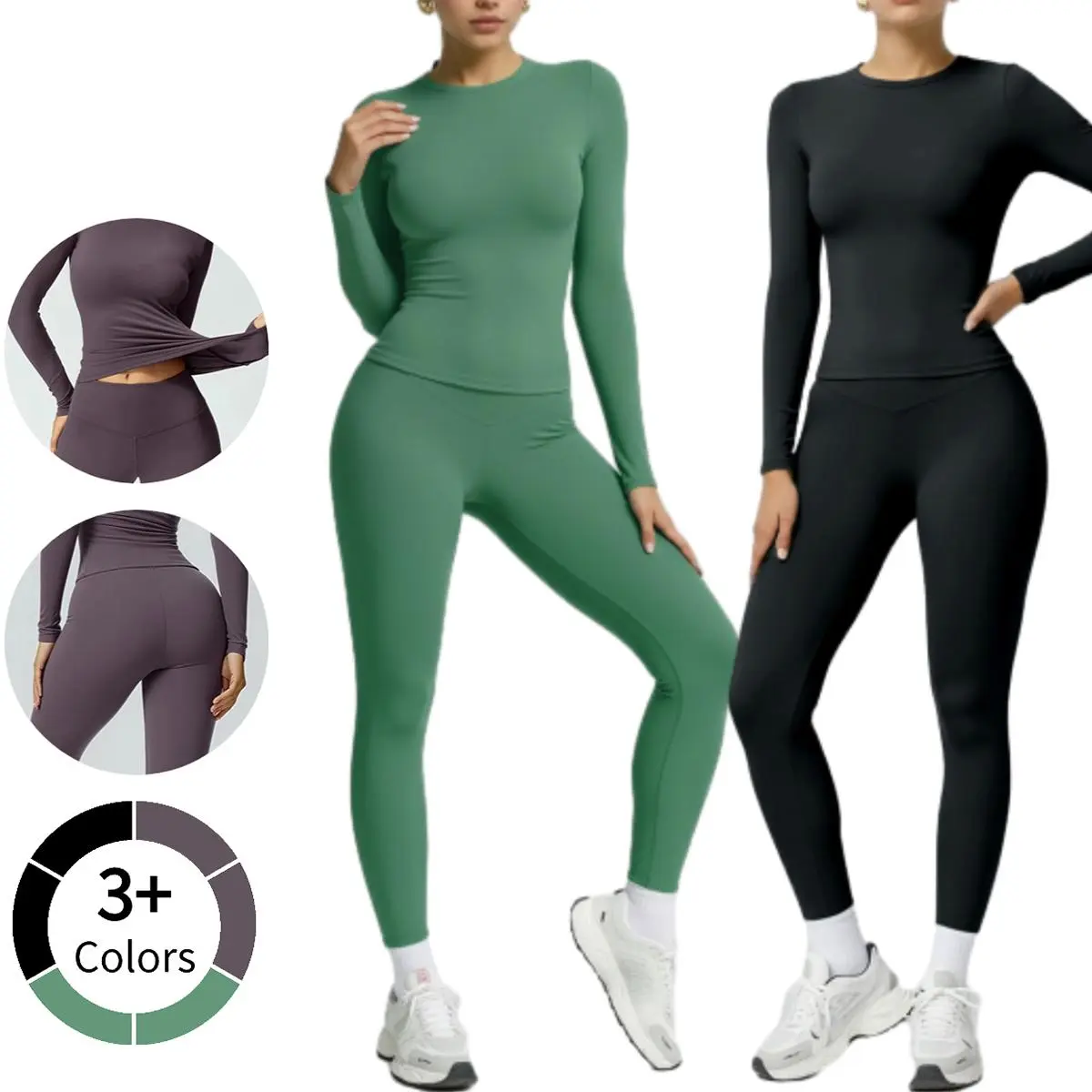 Women's 2 Piece Workout Set - Long Sleeve Top & High Waist Elastic Leggings Yoga Outfits for Winter Fitness