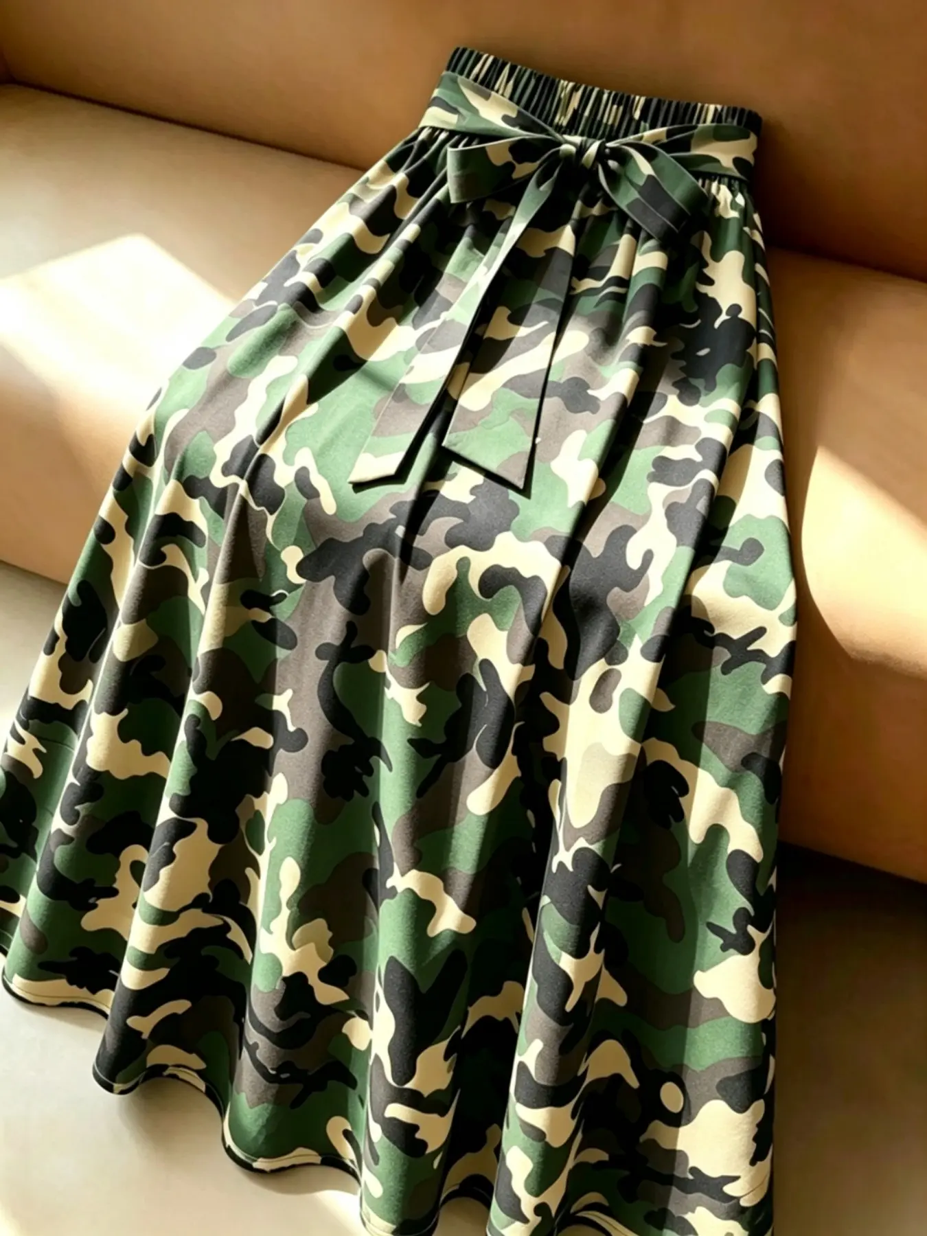 Women's High Waist A-Line Navy Camo Print Bow Tie Belt Design Summer Military Casual Versatile Midi Skirt Camouflage High Waist Skirts