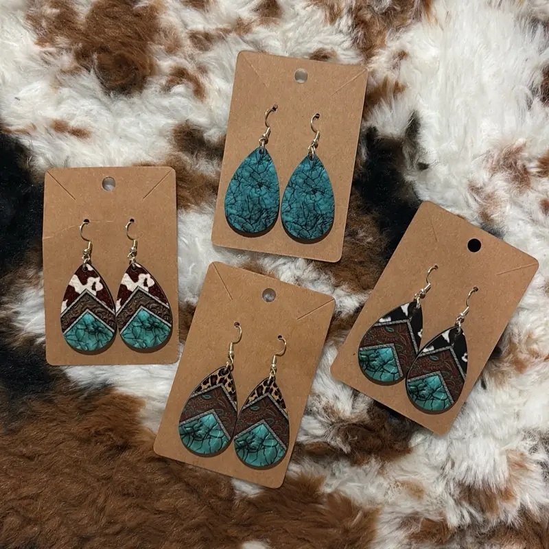 Western Earrings - Handmade Teardrop Cowhide Turquoise Statement Earrings, Casual Trendy Jewelry for Fashionable Everyday Outfits, Statement Earrings Everyday