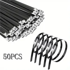50 Pieces of 304 Stainless Steel Heavy-duty Cable Ties,Black Self-locking Metal Ties,Used for Outdoor,Mechanical,Vehicle,Exhaust Wrapping,Rust Prevention,Multi-purpose Bundling Ties,Tools & Hardware