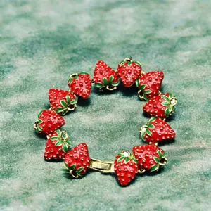 Vintage Sweet Enamel Colored Strawberry Bracelet- Dainty Jewelry Charm