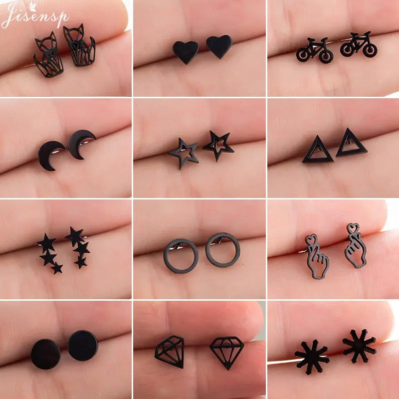 Jisensp Punk Black Stainless Steel Stud Earrings Women Everyday Jewelry pendientes Cute Heart Star Moon Round Earings Orecchini
