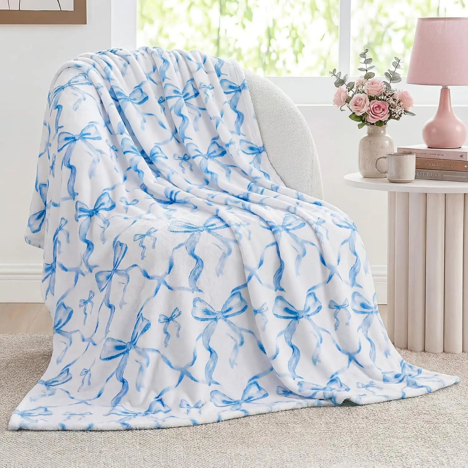 Blue Bow Print Flannel Throw Blanket - Brushed Texture, Double-Sided, Preppy Look, Soft Lightweight Coquette Aesthetic Room Decor, Valentine's Day Gifts for Women for Sofa Couch