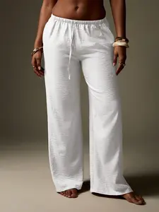Women's Wide Leg Pants, Elastic Waist Drawstring Design, Loose Fit Straight Tube Style, Comfortable Skin-Friendly, Soft, All Seasons Wear, Adjustable