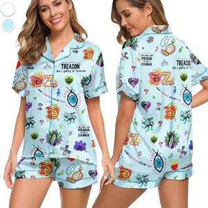 Descendants Zombies Heart Print Pajamas, Cute World Tour Satin Sleepwear Outfit for Kids and Teens