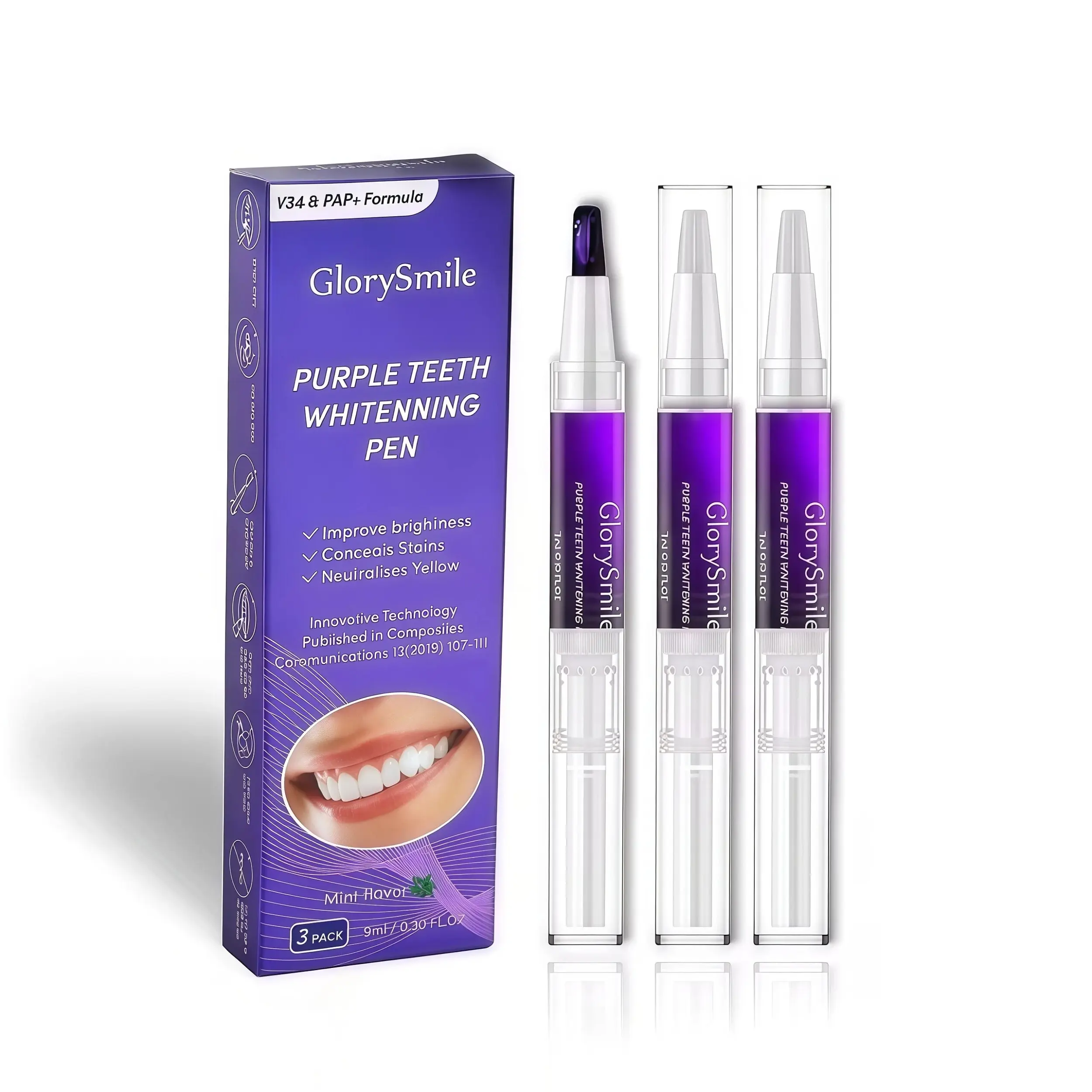 GlorySmile Purple Teeth Whitening Pen (3-Count) - PAP Color Corrector Gel for Sensitive Teeth - Peroxide-Free Cosmetic Oral Care, Mint Flavor