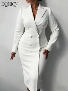 Women's Plus Size Double-Breasted Long Sleeve Blazer Dress, Spring Summer Business Casual Elegant Chic Fit Bodycon Office Commute Formal Occasion Skirt