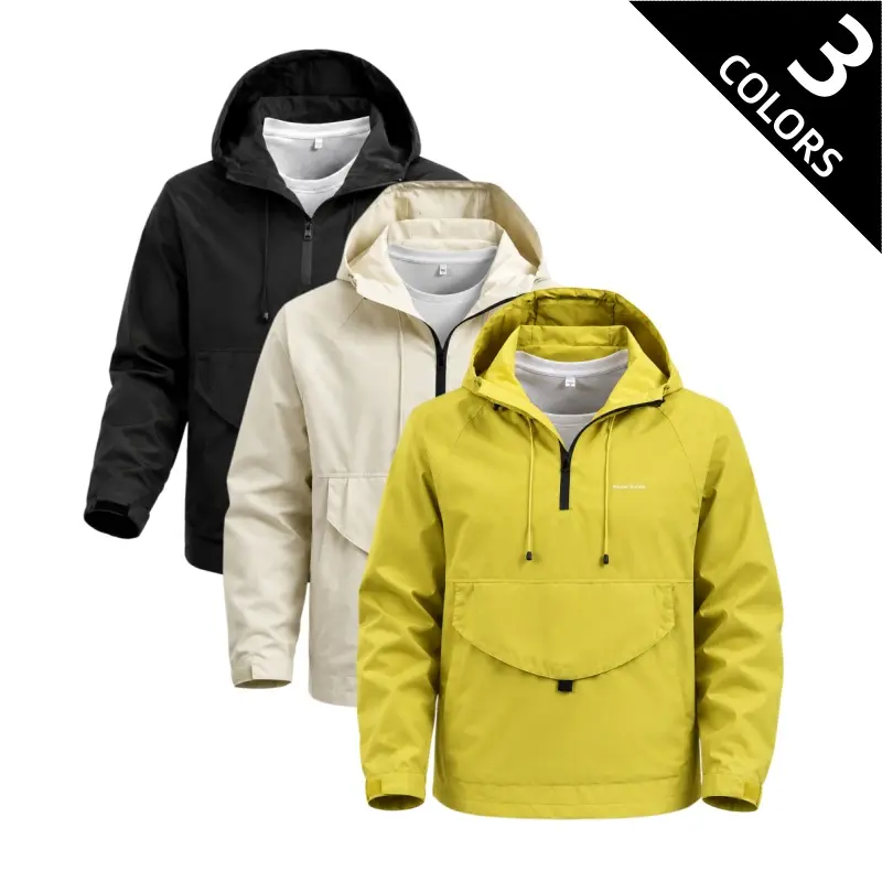 Men's Hooded Half-Zip Anorak Jacket, Solid Color Pullover Outerwear with Front Flap Pocket and Elastic Cuffs for Outdoor and Daily Wear Menswear Sweatshirts