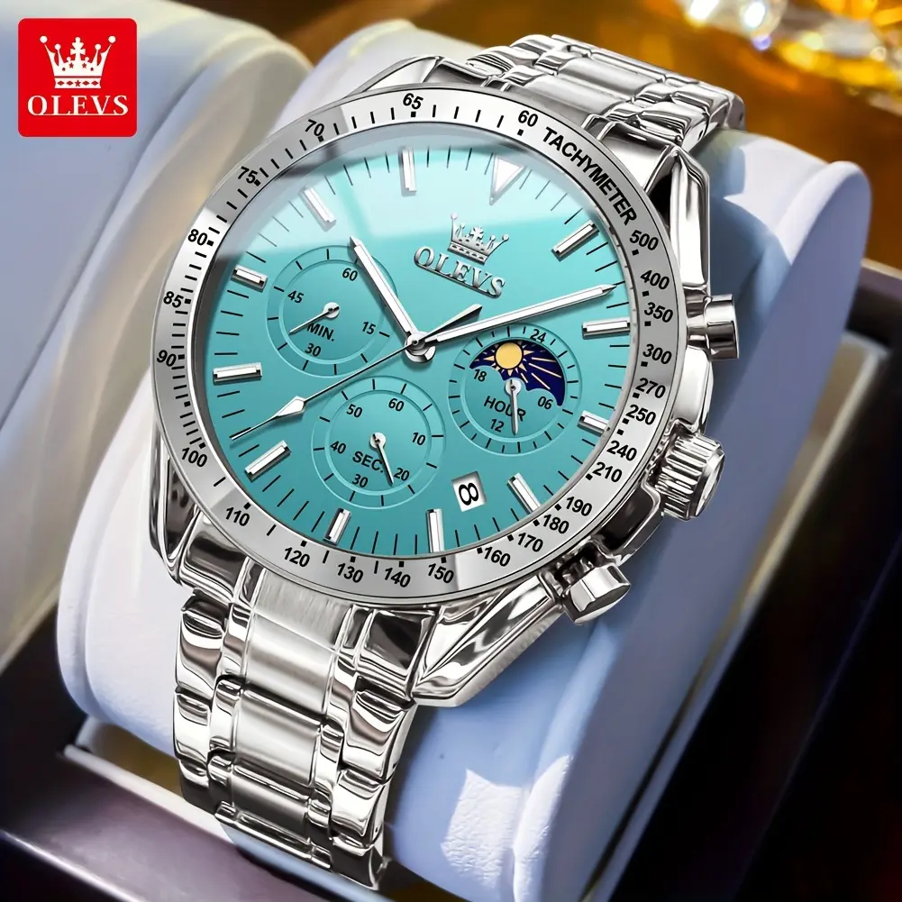 Olevs Men's Watch Chronographe Multi-Function Sports Silicone Luxury Diamond Moon Phase Quartz Men's Watch Waterproof Watch for Men