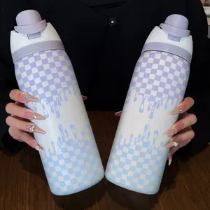 32oz Insulated Stainless Steel Water Bottle Tumbler with Straw, Gradient Dissolving Pattern, Ideal for Cold Drinks, Travel & Outdoor Activities, Hydration Thermo Tumbler