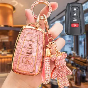 Toyota Car Keychain Cover with Heart-Shaped Lock, Diamond Pattern Key Case, Full Protective Soft Key Holder, Car Interior Accessories Girls for Rav4 Camry Corolla Avalon Chr Prius Gt86 Hanuman Gift, Car Key Accessory, Key Fob Shell