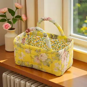 Vintage Floral Print Quilted Fabric Storage Basket, Portable Thick Foldable Organizer for Snacks, Cosmetics & Bedroom Essentials, Versatile Bathroom & Laundry Tote for Women