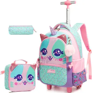 3D PU Leather Bear Rolling Backpack Set for Kids | 3-Piece Girls' School Bag with Lunch Bag lightweight burden reduction Luggage Set for Kids Rainbow Butterfly Girls Backpack Set essentials pencil case toddler gift