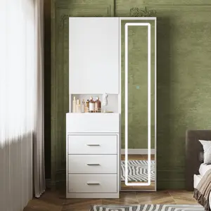 FUFU&GAGA Makeup Vanity Desk with Mirror and 3-Colors Lights, Dressing Table with 3 Drawers and Door Sliding Tabletop