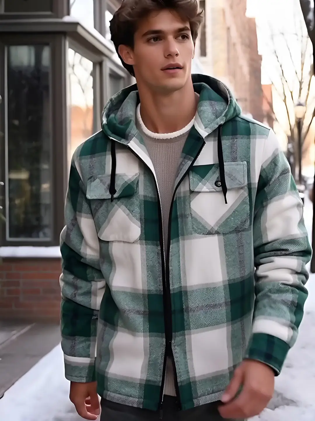 Men's Warm Sherpa Lined Flannel Jacket Fleece Hoodie Plaid Zip UpOutdoor Winter Coat Casual Workwear Tops