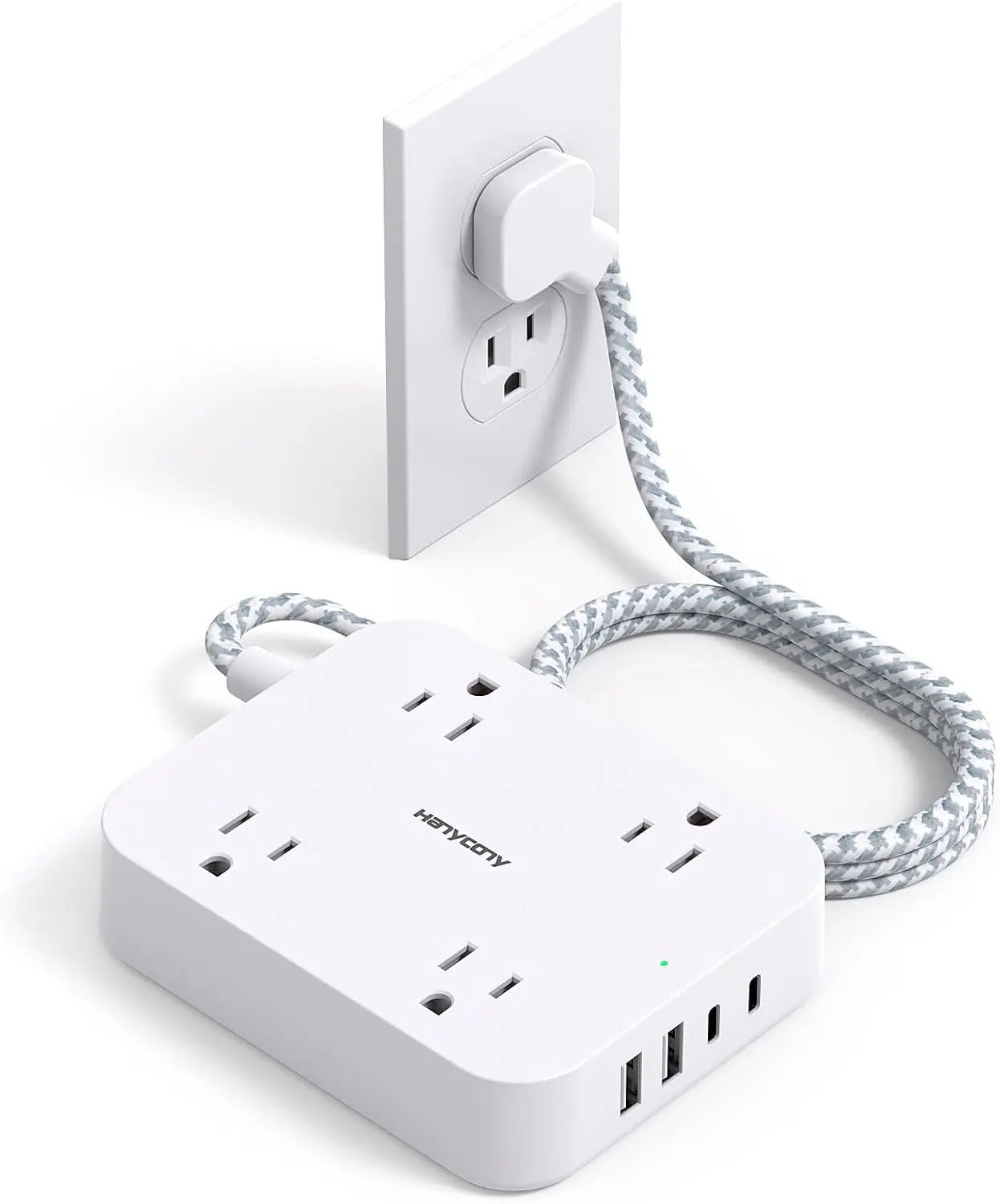 Flat Plug Extension Cord, 5ft Power Strip with 4 USB Ports(2 USB C), 4 Widely Outlets Extender, Wall Mount, Desk Charging Station for Office School Travel Dorm Room Essentials, ETL Listed