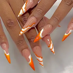 24 Pcs Almond Shape Spring Summer Nail Art Set, Nude Gradient with Vibrant Wave Pattern, Reusable with Jelly Glue and File Tool
