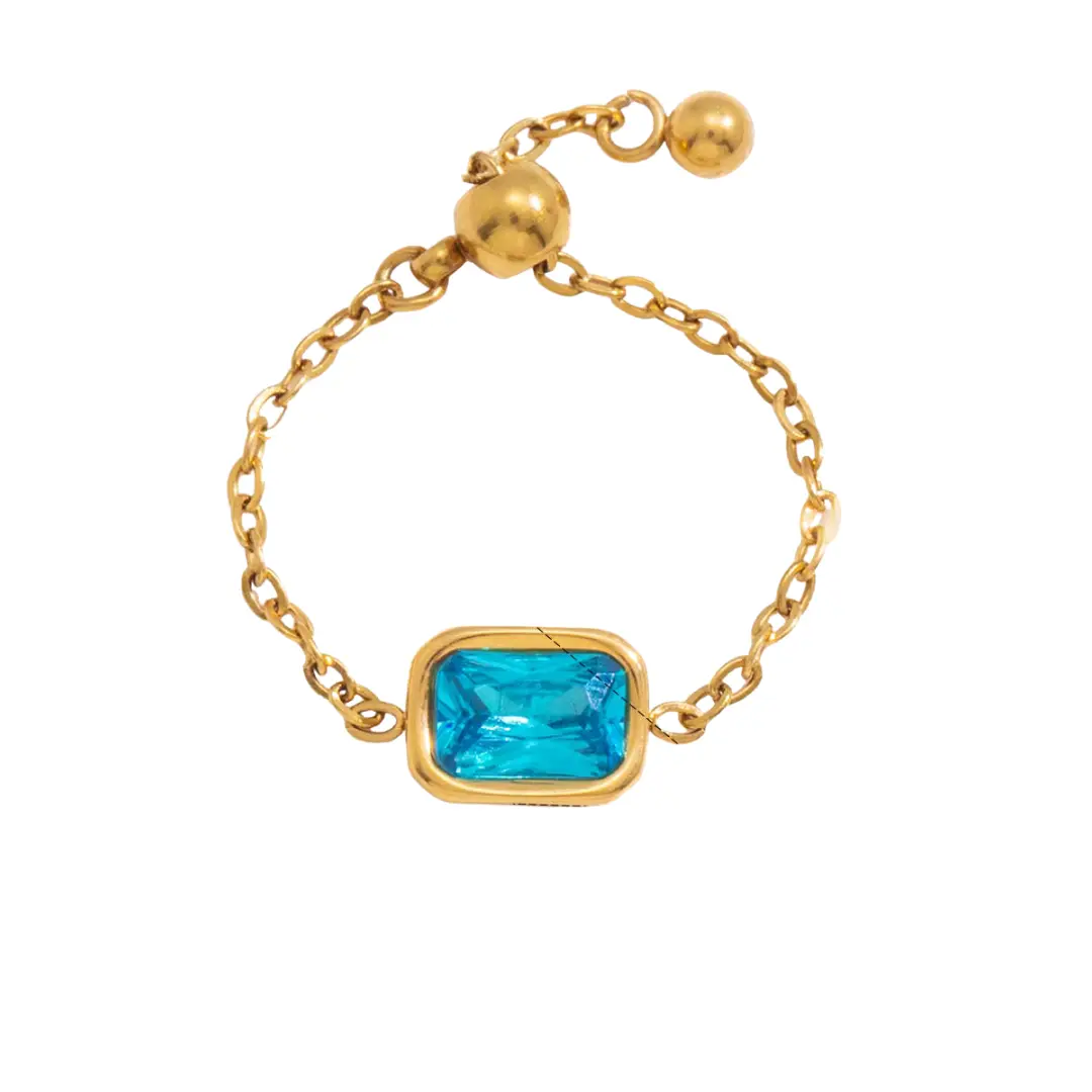 Gold Tone Adjustable Pull Chain Ring Rectangle Blue Cubic Zirconia Stainless Steel Hypoallergenic Stackable Finger Jewelry For Women