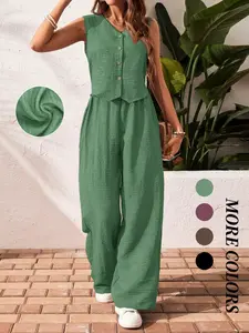 Women's Summer Casual Slimming Vacation Set, Pure Color Solid Button Front Top and Pants, Versatile Two-Piece Womenswear for Daily Wear Fitted