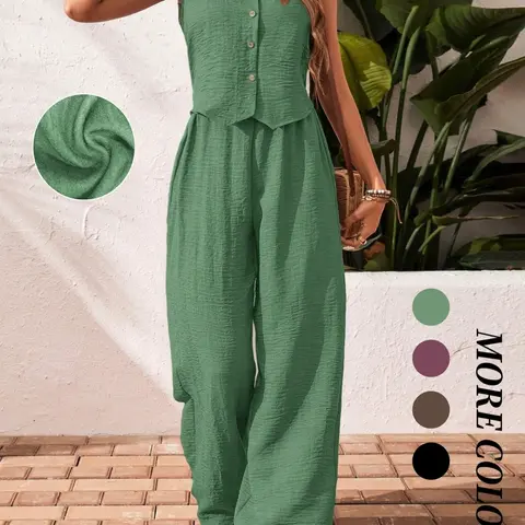 Women's Summer Solid Slimming Vacation Set, Sleeveless Button Front Top and Pants, Versatile Two-Piece Casual Everyday Set for Daily Wear