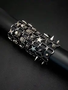 Punk Style Leather Bracelet, Adjustable Length, Rivet Design, Skull Element, Star Pattern, Daily Wear, Holiday Gift for Boyfriend Girlfriend, Fashion Bracelets, Punk Style Jewelry