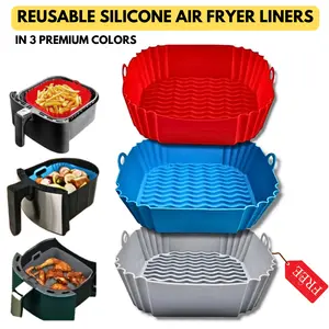 Square Silicone Air Fryer Liners, 3pcs 8.5 Inch Reusable Air Fryer Pot, Air Fryer Accessories - Air Fryer Inserts for 3.5 to 7 QT Streamer Oven Microwave Accessories (Red + Blue+ Grey)
