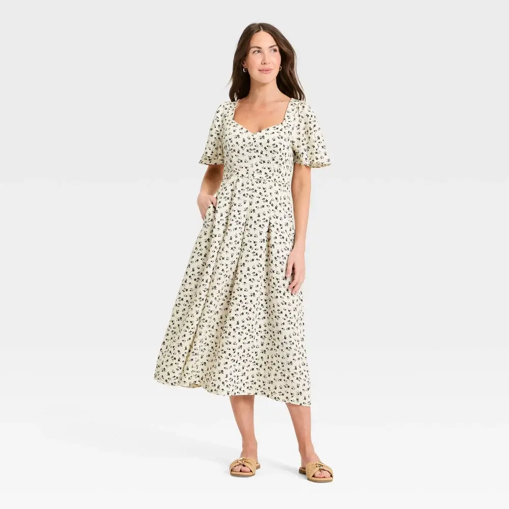 Women's Casual Viscose Belted Midi Dress - A New Day, Comfy Flutter Short-Sleeve Style with Nylon Accents, Zipper, and Pocket, Waist Belt