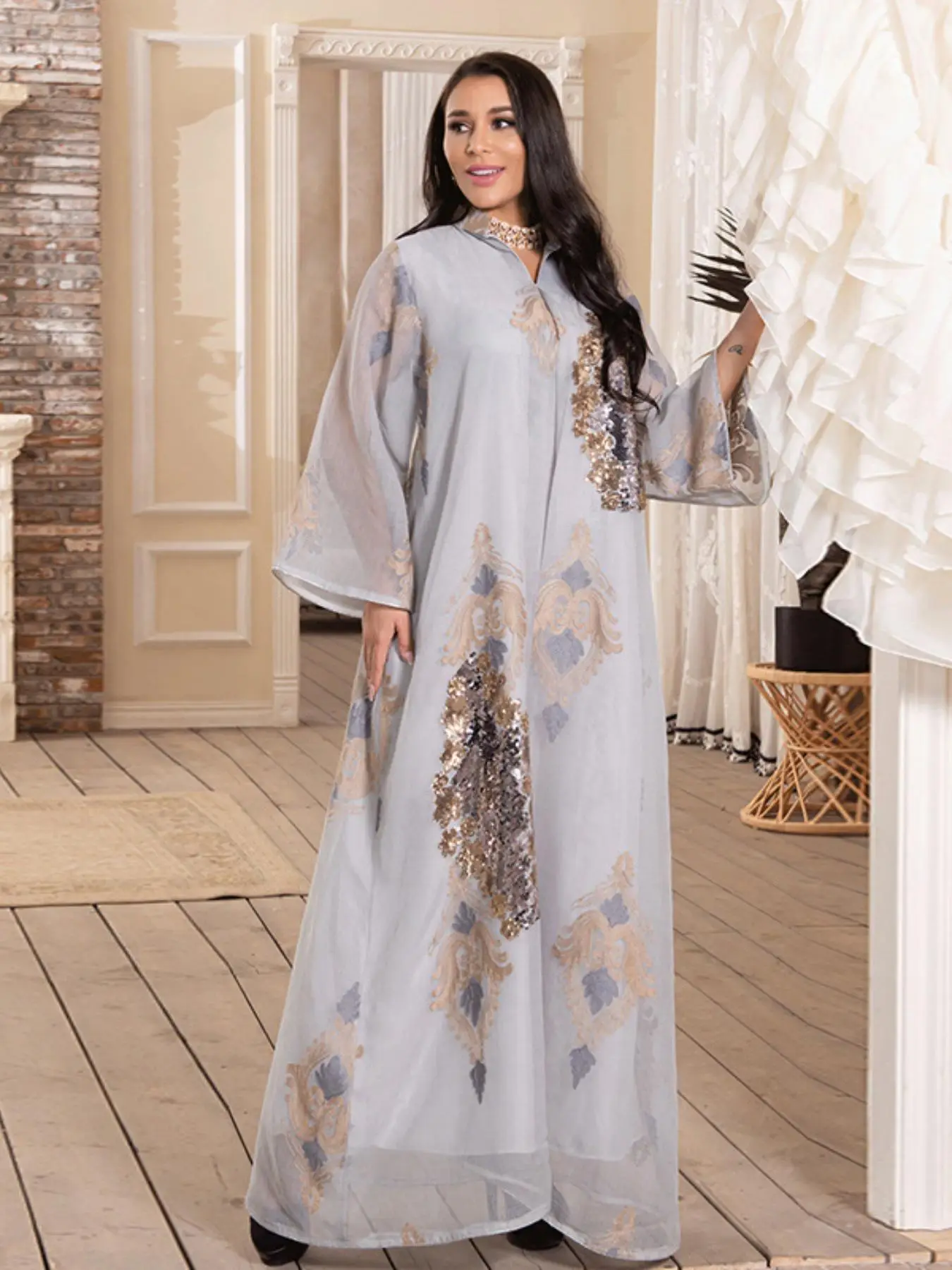 Women's Embroidery Sequins Abaya, Elegant Long Sleeve Open Front Maxi Muslim Dress for Party Wedding Guest, Ladies Islamic Clothing for All Seasons