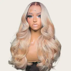 Brown Roots Ash Blonde Colored Body Wave 13x6 Lace Frontal Wig 200% Density Transparent Lace Bleached Knots Pre-Plucked With Baby Hair Ombre Ash Blonde Human Hair Wigs For Women