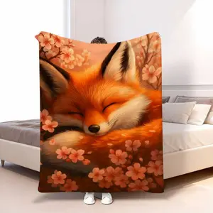 Ultra-Soft Cozy Flannel Blanket With Cute Fox & Cherry Blossom Print - - Bedspread Or Couch Throw Suitable For Spring, Fall, Winter - Perfect Gift For Valentine'S, Mother'S Day, New Year - Bedspread