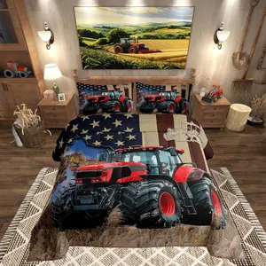 Farming Tractor Comforter Set for All Seasons,Rustic Farmhouse Style Red Truck Bedding Set,Bedroom Decor,Retro American Flag Graffiti Comforter Inner Fill