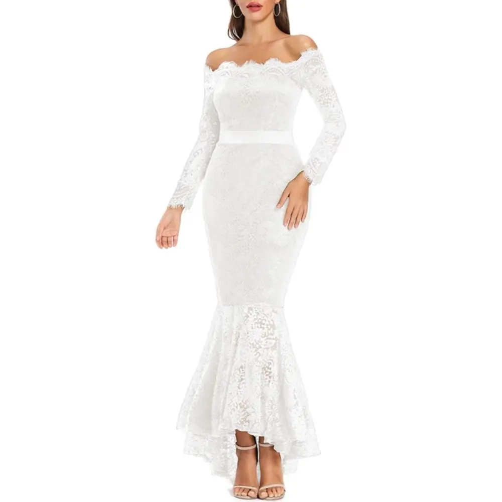Women's Plus Size Off Shoulder Mermaid Dress, Elegant Floral Lace Long Sleeve Bodycon Style Gown for Cocktail Party & Weddings, Flared, Piece, Longsleeves