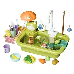 1 set toy sink with running water, Cleaning playset, kitchen sink toy with faucet, play food and kitchen accessories, floating fishing water toy suitable for toddlers, children's role-play dishwasher toy, color random, batteries not included