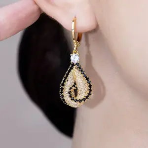 Gold Wire Mesh Black Diamond-Studded Water Drop Earrings for Women, Light Luxury High-End Fashion Cross-Border Earrings, Elegant Ear Jewelry