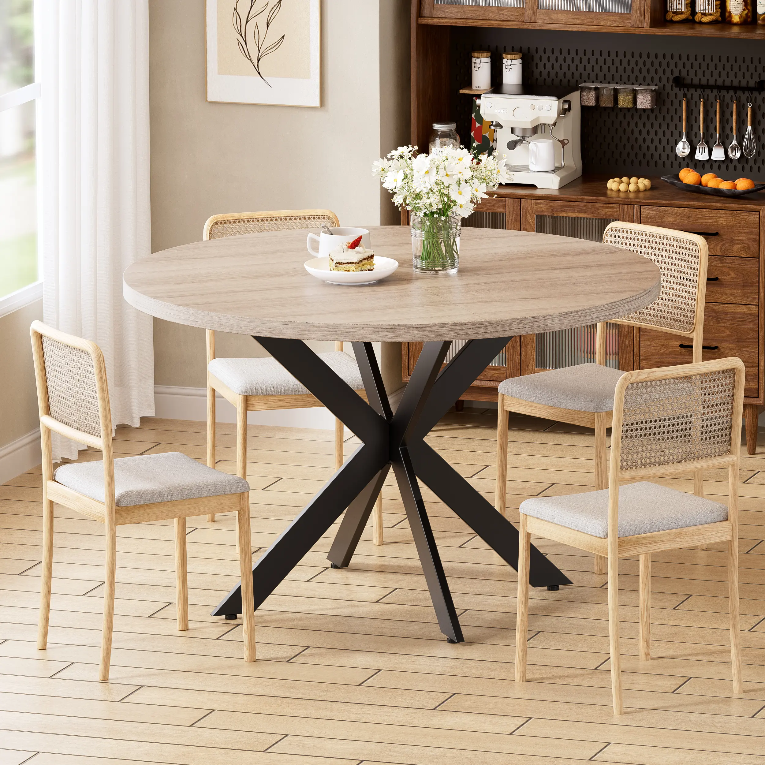 47.2" Round Dining Table, Modern Dinner Table, Wood Kitchen & Dining Room Tables Coffee Table Mesa De Comedor Redonda for 4-6 Person, Saving Space(Only Table) Furniture Home
