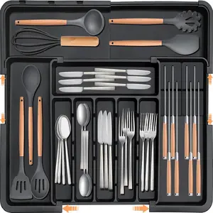 Expandable Large Kitchen Drawer Organizer, 2 Removable Knife Holders, 22"x19" Cutlery Tray Drawer Divider, Durable Plastic Makeup Organizer, Storage Organization Organizer Storage, Suitable for Kitchen Utensils (6‑9 Slots)
