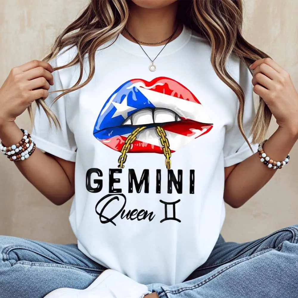 Gemini Queen Puerto Rico Flag Lips Tee |   Boricua PR Flag Gold Chain Lip Printed Cotton Unisex Top, Zodiac Gemini Symbol Design, Soft Casual Daily Outfit, Gemini Birthday & Puerto Rican Heritage Gift for Boricua Women, Freedom Flag T-Shirt, Y2K Style