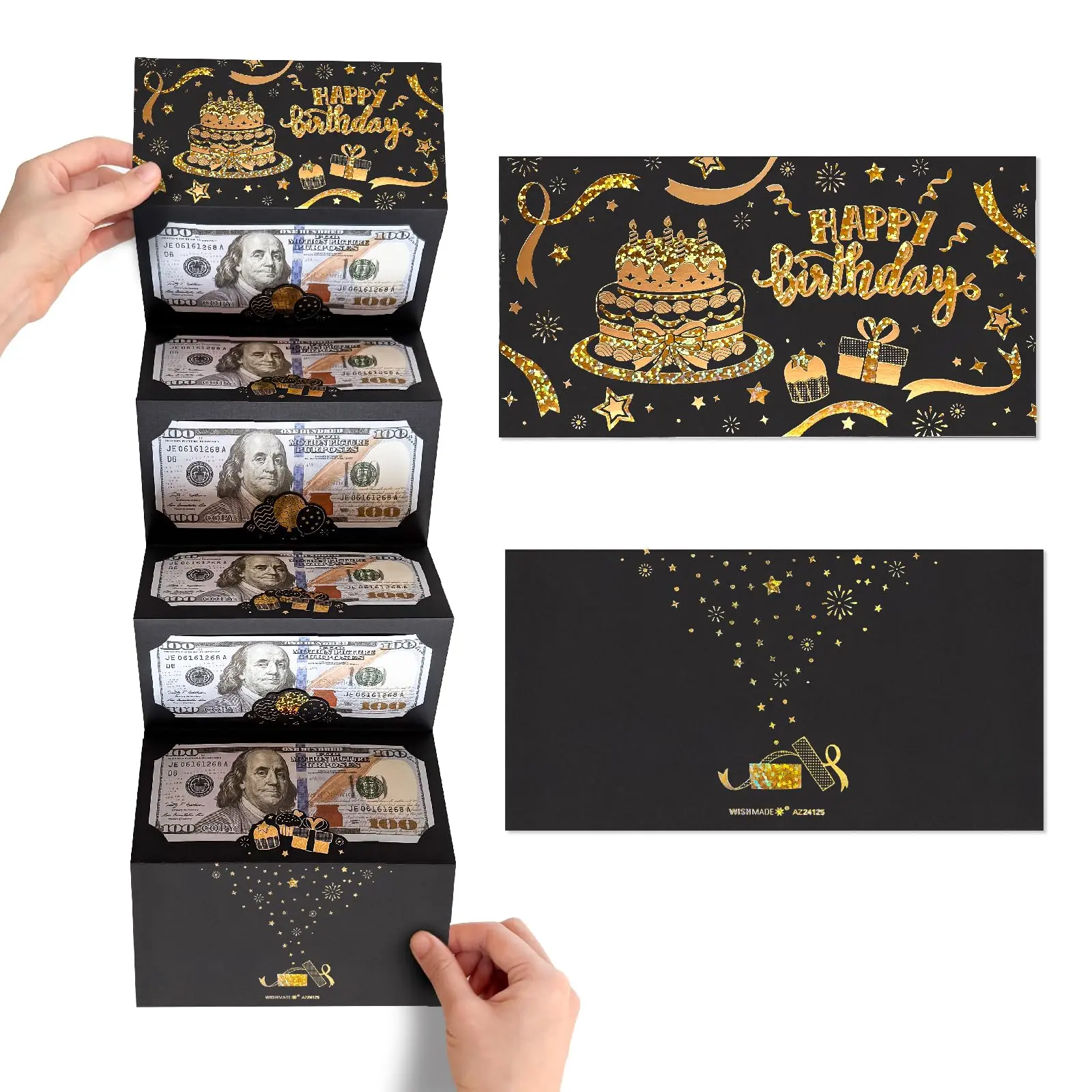 Black Gold Happy Birthday Money Envelope for Cash, DIY Money Holder with 6 Slots for Cash, Surprise Card Holder for Birthday, Money Gift Card for Men Women