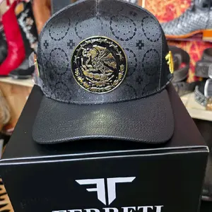 Ferreti Black Leather Snapback Hat with Gold Embroidered Eagle Emblem and Adjustable Back