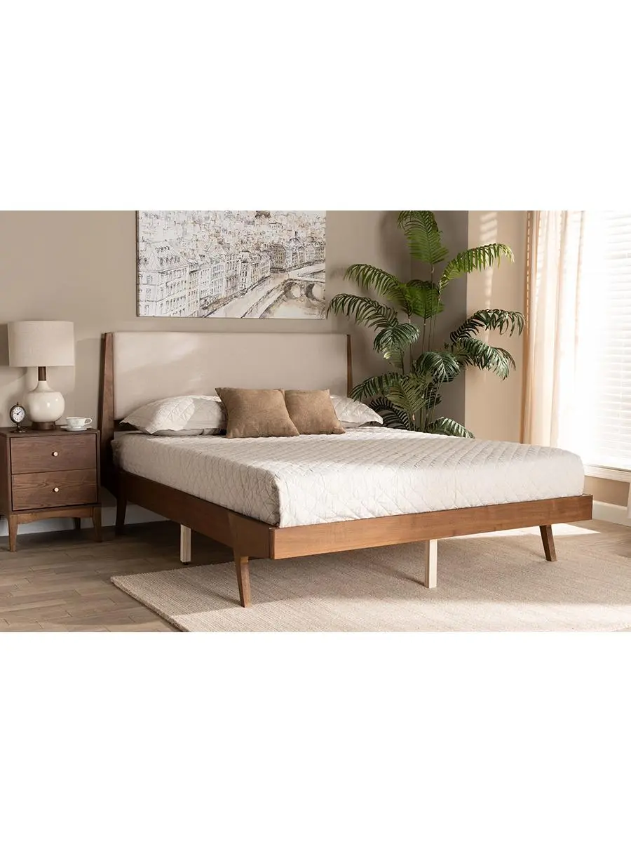 King Size Baxton Studio Senna Upholstered Modern Cama - Mid-Century Wooden Platform Bed, Beige Fabric, Walnut Brown Finish, Angled Legs, 78" W x 81.1" D x 81.4" H, Model MG0008S-Beige-Walnut-King (for Modern Bedrooms)