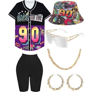 80s 90s Outfit for Women Unisex Hip Hop Costume Baseball Jersey Shirt Yoga Pants Bucket Hat Gold Chain Rapper Accessories