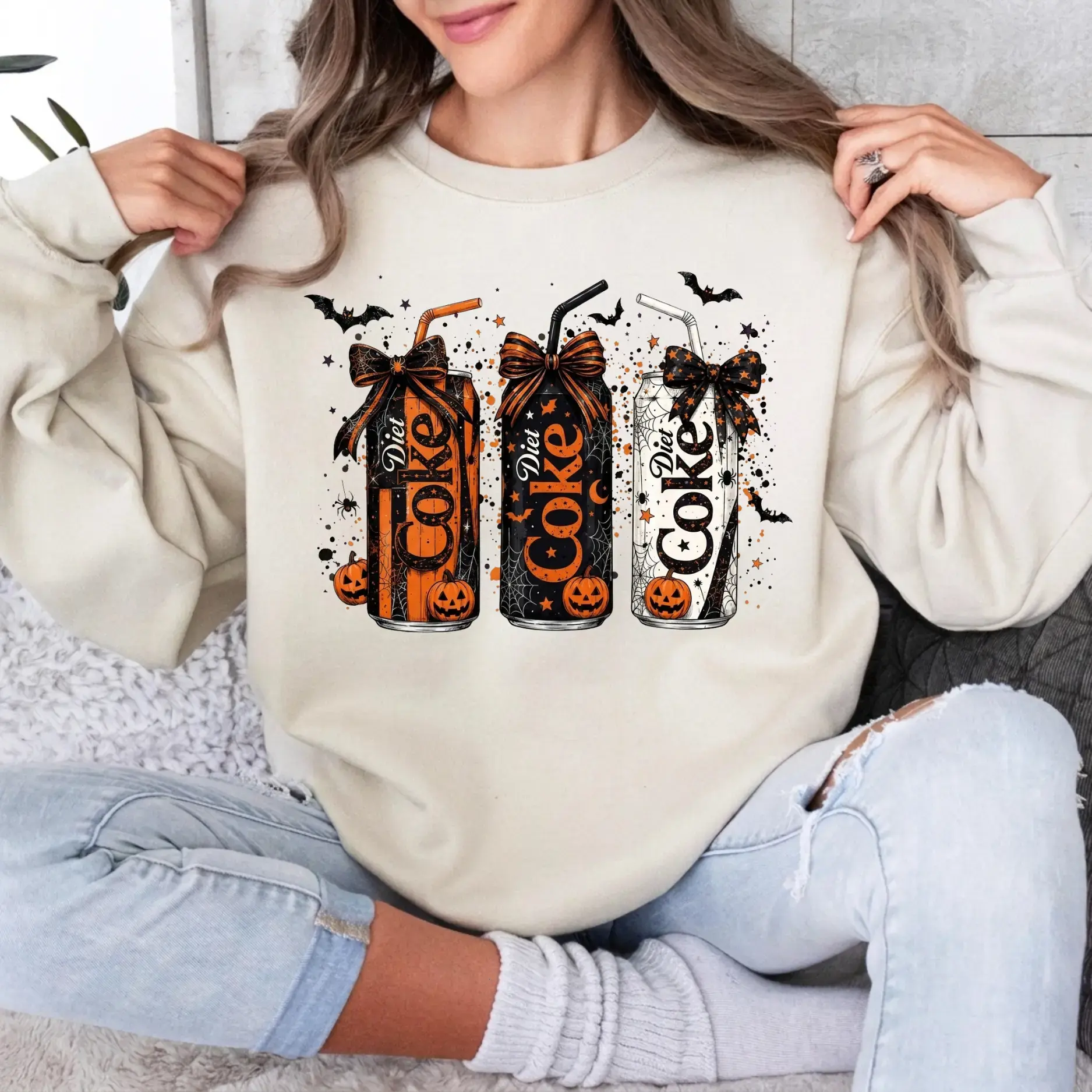 Coquette Bow Spooky Soda Sweatshirt, Diet Coke Horror Halloween Sweatshirt, Spooky Soda Lover Pullover, Cute Halloween Top - HARSIN