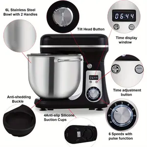 6L Stainless Steel BioloMix Stand Mixer with 6-speed, Kitchen Food Blender, Cream Egg Whisk, Cake Dough Kneader, and Bread Maker