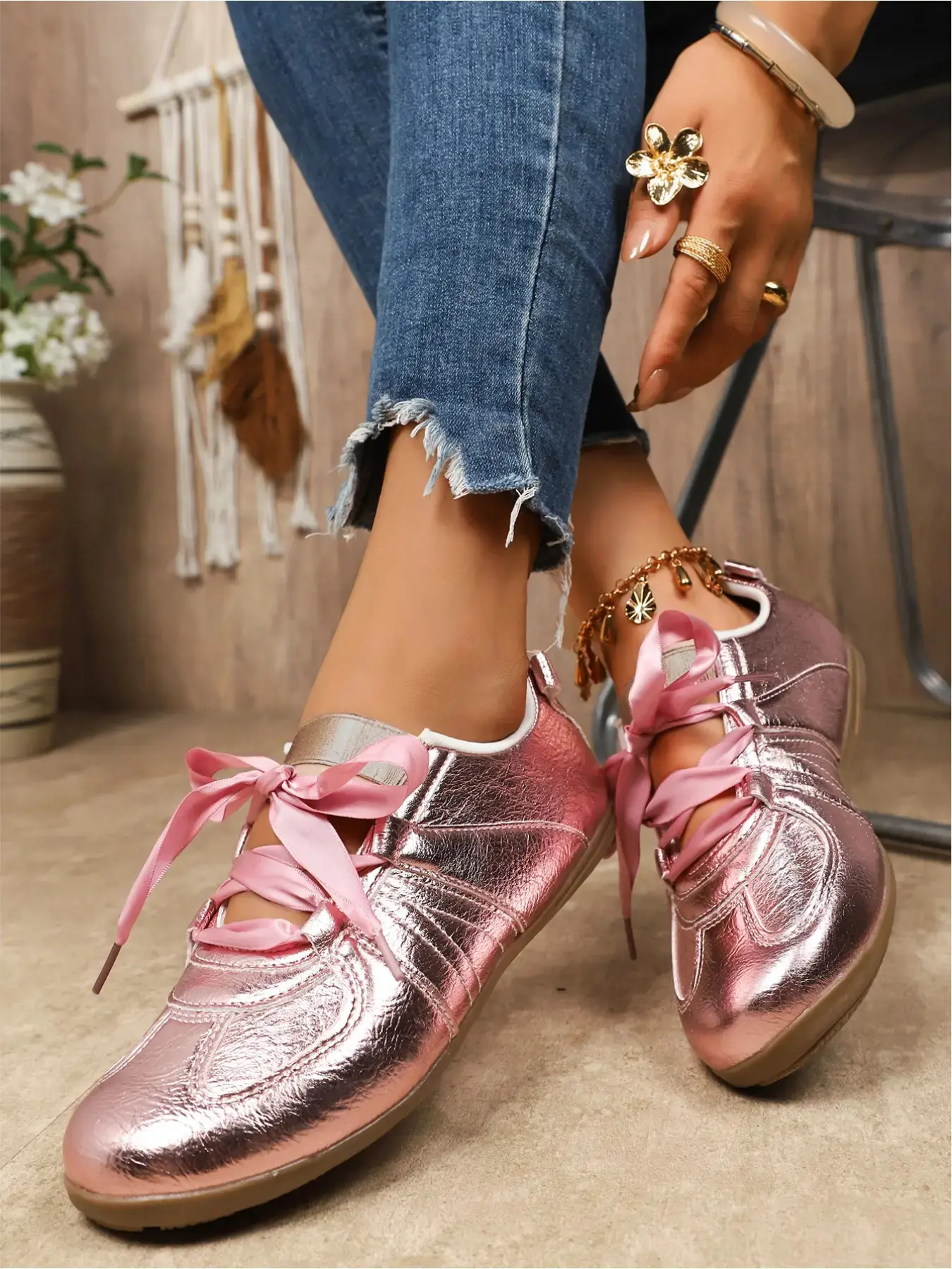 Women's Metallic Gold Lace-Up Sneakers, Non-Slip Sole, Lightweight Training Shoes