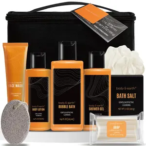 Citrus Scent Self-care Gift Set for Men including shower gel, Travel Bag, Bubble Bath, Body Scrub, Bath salt, Shampoo Bar, Face Wash, Loofah, Body Lotion, Valentine Hygiene Kit for Men
