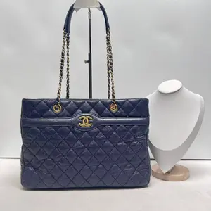 Pre-owned CHANEL Caviar Tote Bags Shopping Tote Navy/Gold