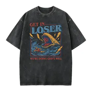 Men's Unisex Cotton Round Neck Oversized Washed T-Shirt - Christian Streetwear, Jonah and the Whale Graphic, "Get In Loser We're Doing God's Will" Verse, Faith Humor Fabric Style Religious Gift