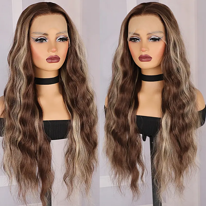 Ombre Honey Blonde Wig Long Curly Synthetic Hair Wigs Lace Front Wigs for Women Loose Deep Wave Wig Middle Part Natural Looking Crimps Curls Hair Replacement Wigs for Women