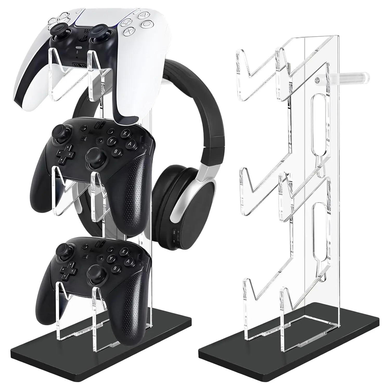 Game Controller Holder 3 Tiers - Universal Dual Controller Stand Headphone Holder, Acrylic Black Controller Display Stand Compatible with Nintendo Switch Xbox PS5 PS4, Desk Mounts for Controller